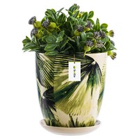 Blumentopf Rund Lange Keramik Ø18,5 Cm H20,5 Cm Cremig GrüNe BläTter Untersetzer