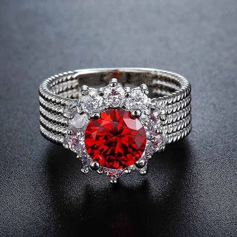 Red CZ Round Cut Flower Band AAA Cz Engagement Women's 925 Silver Ring Size 6-10 - image 4 of 4