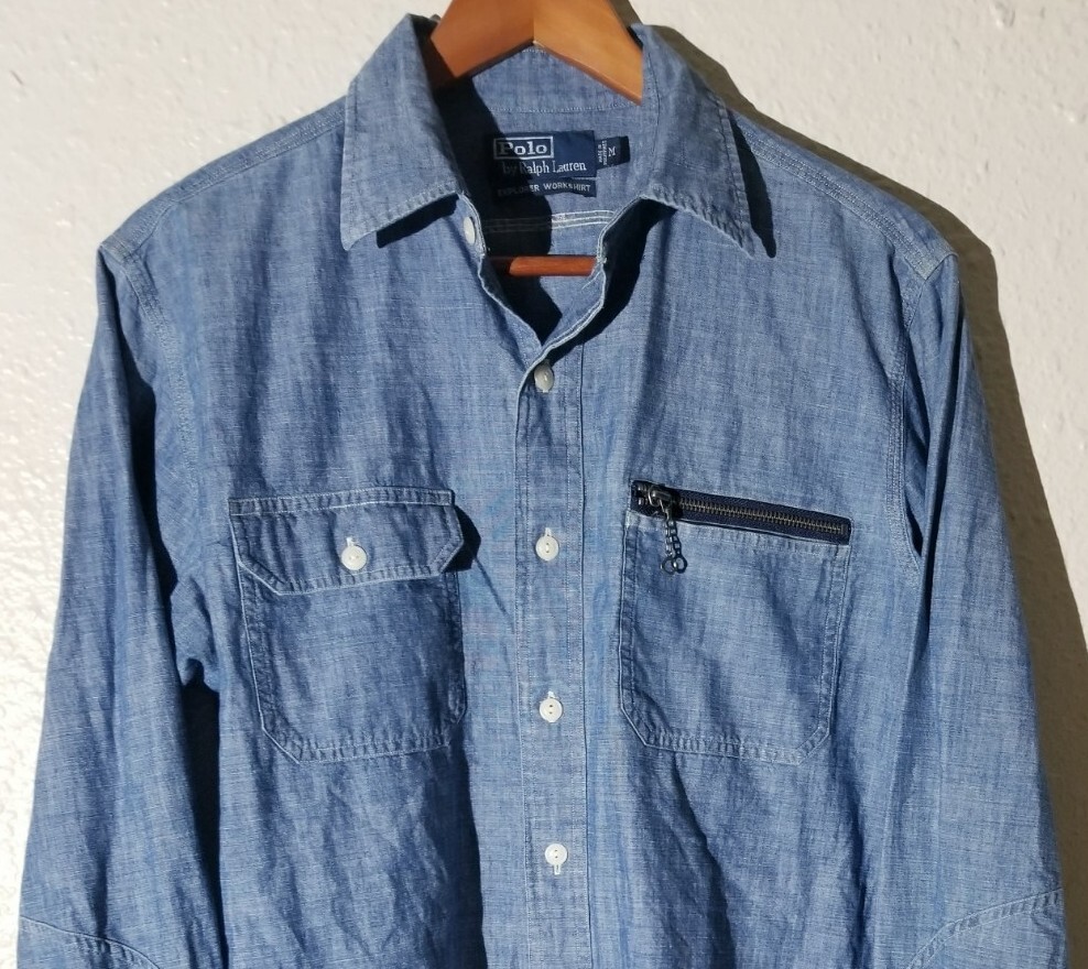 Vintage Polo Ralph Lauren Denim Jean Explorer Work Zipper Pocket Shirt Men M rrl