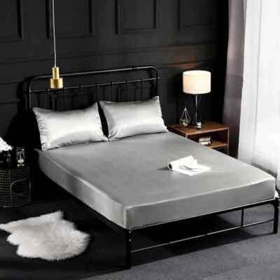 Luxury Satin Silky Fitted Sheet Solid Color Mattress Cover Soft Smooth Bed Linen