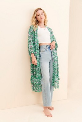 Anthropologie Green Floral Ruffled Duster Kimono Cover Up Muche Et Muchette M-L