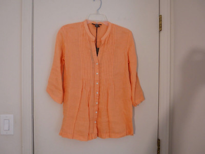 New TOMMY BAHAMA Melon 100% Linen 3/4 Sleeve Roll Tab Button Down Top Size XXS