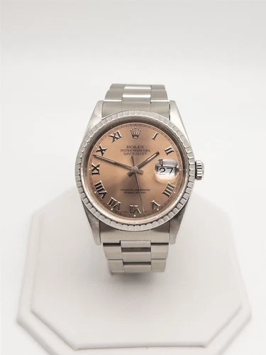 $14,000 ROLEX 16220 DATEJUST COPPER PINK DIAL 18k White Gold SS Mens Watch WTY