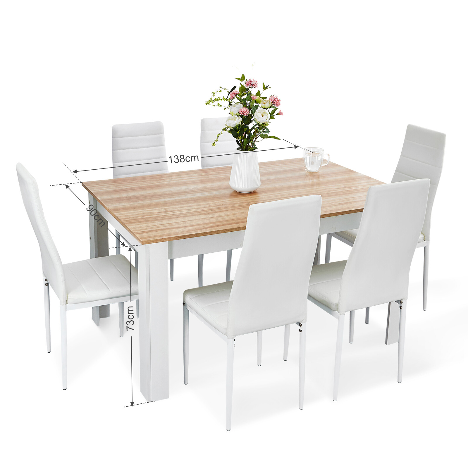 Wooden Dining Table Set Grey and Oak w/6 Faux Leather Chairs Kitchen