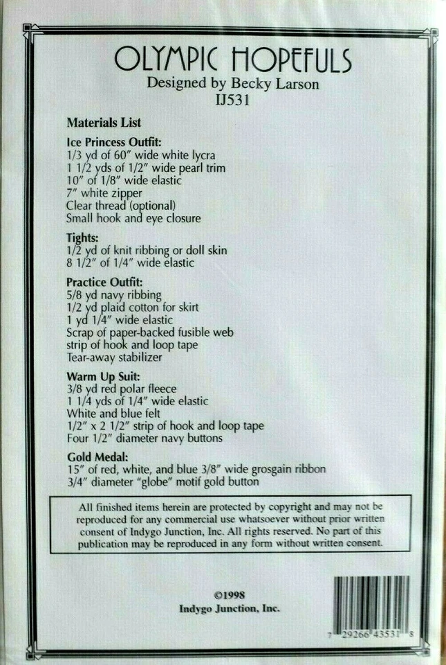 INDYGO JUNCTION PATTERN OLYMPIC HOPEFULS ICE SKATNG  17-19" DOLL CLOTHES UNCUT   - Image 2 of 2