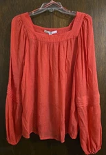 LC Lauren Conrad Long Sleeve Square Neck Top Peasant Boho Spiced Coral NWT Large