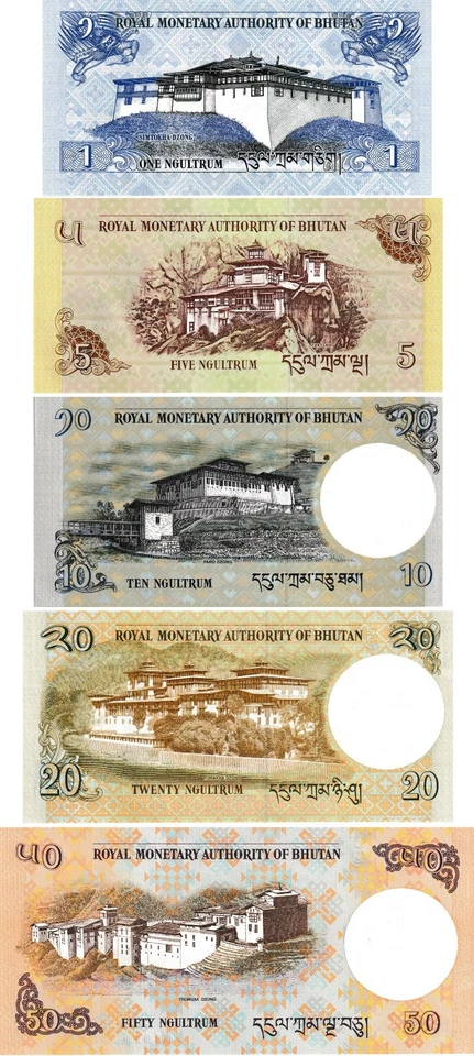 Bután (Juego #2) 1, 5, 10, 20, 50 Ngultrum, 2013/2021, Sin Circular, Juego de 5 Billetes Foto 2 de 2