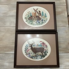 2 Vintage Cross Stitch Deer, Doe & Fawn, Mid Century Frame 19 5/8” X 15 5/8”