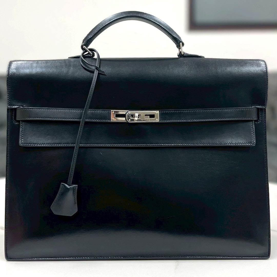 Hermes Kelly Depeche 38 Box Calf Black Business Bag Used Small