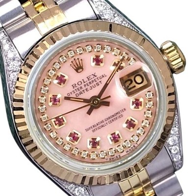 Rolex Datejust TwoTone Gold Steel Pink Mother of Pearl Diamond Ruby Fluted Watch
