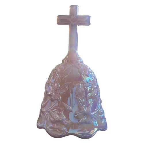 VTG FENTON IRIDESCENT PINK GLASS BELL W/CROSS HANDLE-#9761PE-CHRISTIAN-RELIGION - Picture 1 of 4