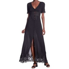 Sadie & Sage Women’s Size M Black Short Sleeve Button Up Crochet Trim Maxi Dress