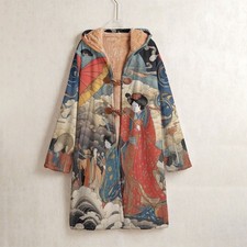 Ukiyo-e Japanese Coat, Geisha Kimono Windbreaker, Warm Winter Hooded Cardigan