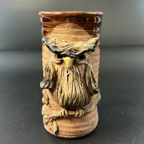Vtg 3D Raised Great Horned Owl Art Pottery Tall Coffee Mug Glazed Stoneware MCM