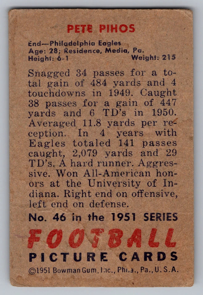 1951 BOWMAN #46 PETE PIHOS EAGLES - Image 2 of 3