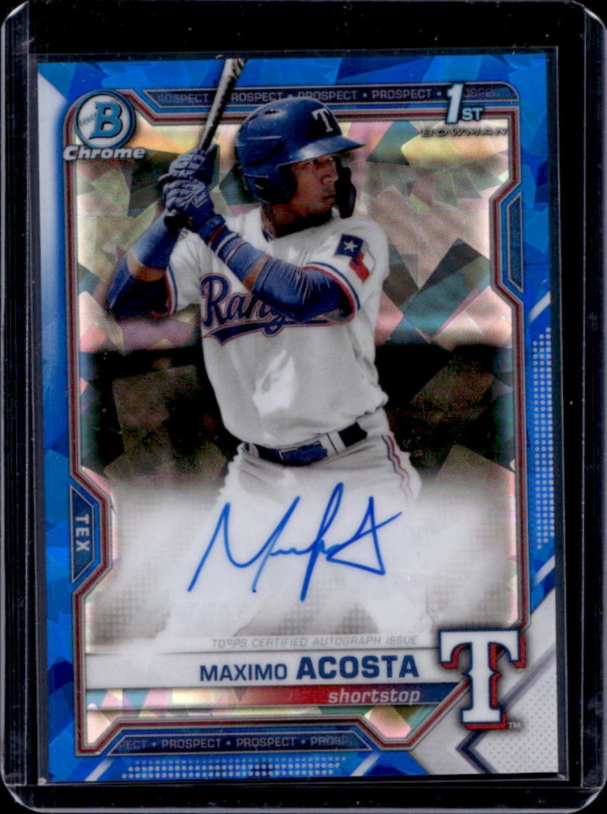 2021 Bowman Sapphire Maximo Acosta Chrome Auto 1st Prospect #BSPA-MAC Rangers
