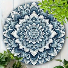 Blue Lotus Flower Intricate Design Round Aluminum Sign for Home Cafe