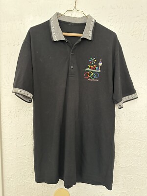 Vintage Australia 2000 Olympics Mens Polo Shirt Black Buttons Collared  Cotton L