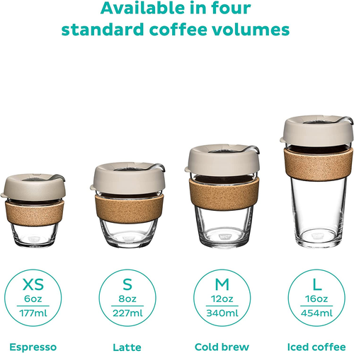 Brew Cork - Reusable Coffee Cup Tempered Glass and Natural Cork, M 12Oz/340Ml - - Picture 6 of 7