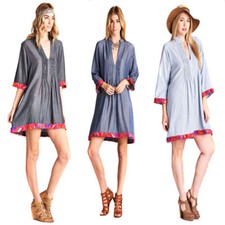 VELEZRA Womens Chambray Denim Embroidery Boho 3/4 Sleeve Pleated Dress S M L