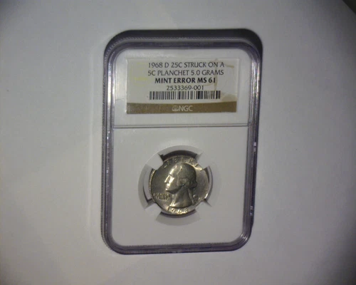 1968 D WASHINGTON QUARTER STRUCK ON A NICKEL PLANCHET 5 Grams U.S. ERROR COIN