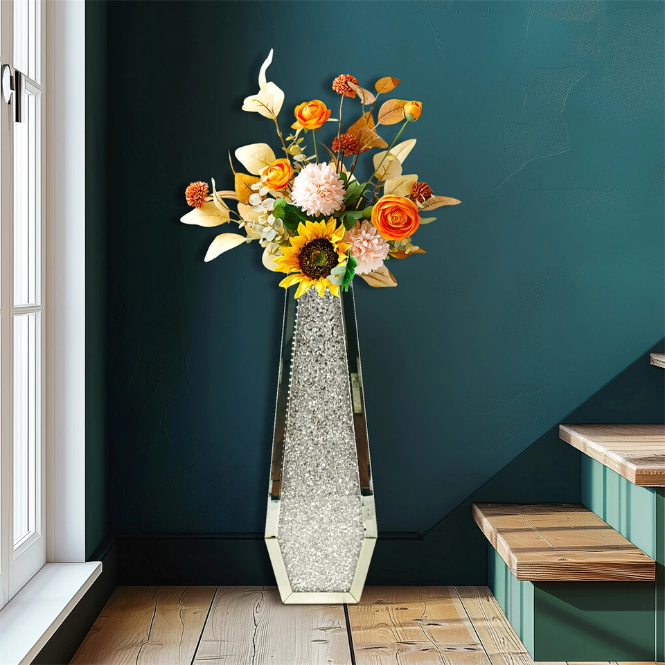 Large Tall Crushed Diamond Floor Vase Silver Glass Mirror Vases for Pampas Grass - image 4 of 4