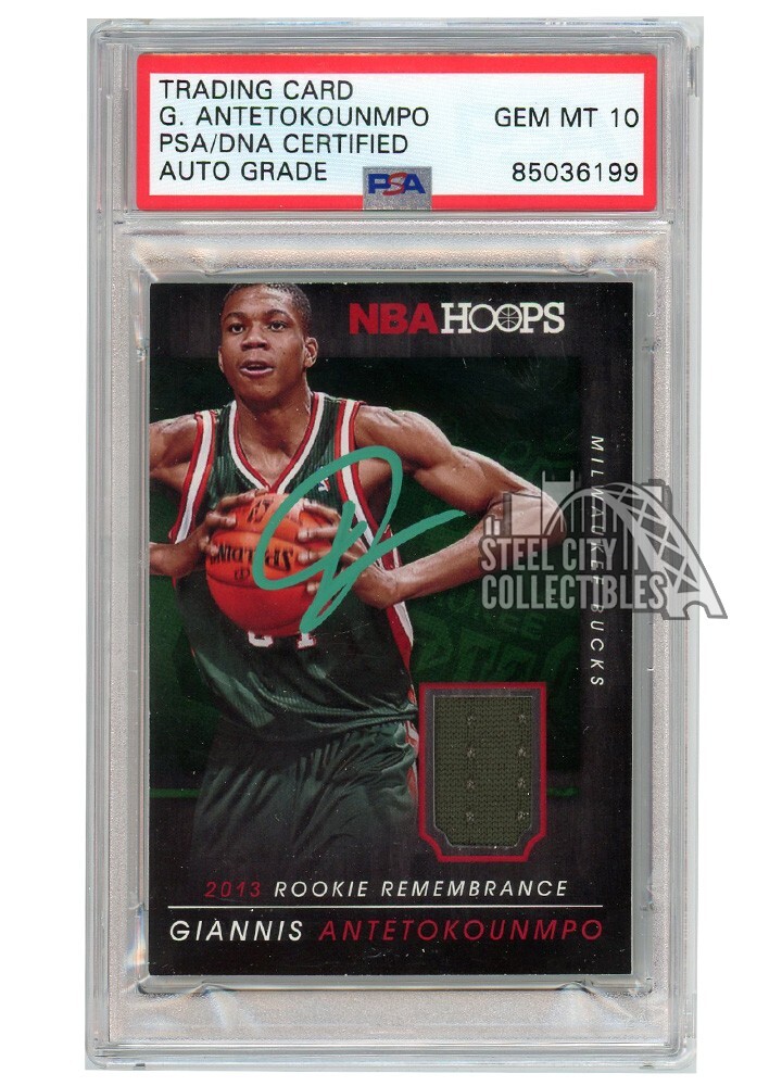 Giannis Antetokounmpo 2014 Hoops Rookie Remembrance Jsy Auto 22 PSA/DNA 10 Green 