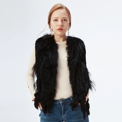 Real Knit Rabbit Fur Vest Gilet Jacket Fur Collar Waistcoat Handmade Tassel - Picture 7 of 12