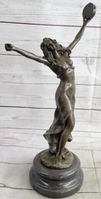 Vintage French Art Deco Bronze Tambourine Lady Sculpture Marble Base Nearly Nude