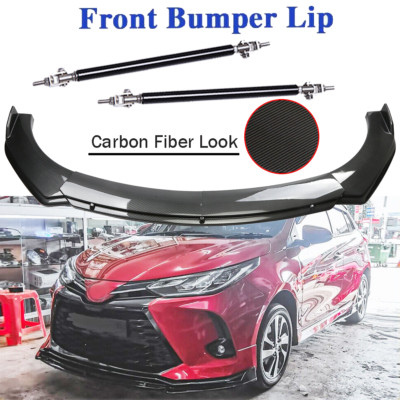 For Toyota Yaris /iA Carbon Fiber Style Front Bumper Lip Spoiler Strut Rods