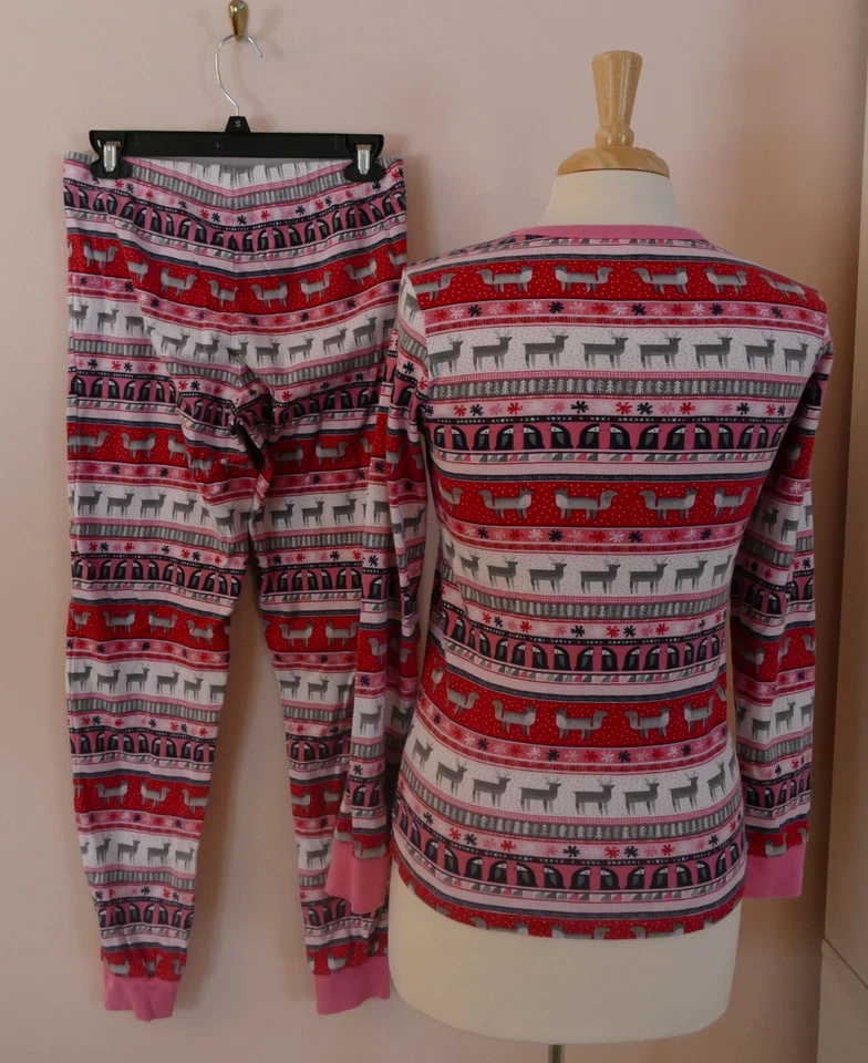 Gymboree Mujer M Rosa Algodón Tejido Navidad Pijama 2 Piezas LS Fox Fair Isle Foto 3 de 4