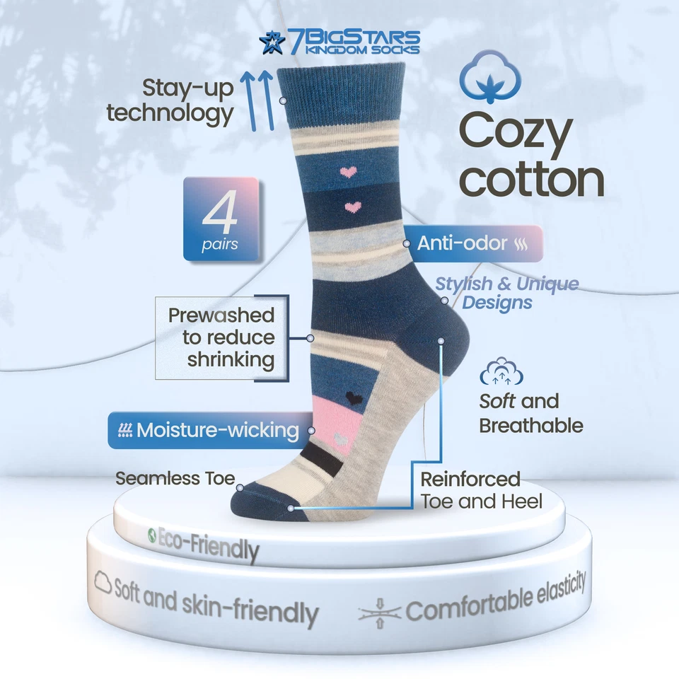 Women Cotton Crew Socks-4 Pack Medium- Heart-Stripe -Denim Blue Pink Grey - Image 2 of 4