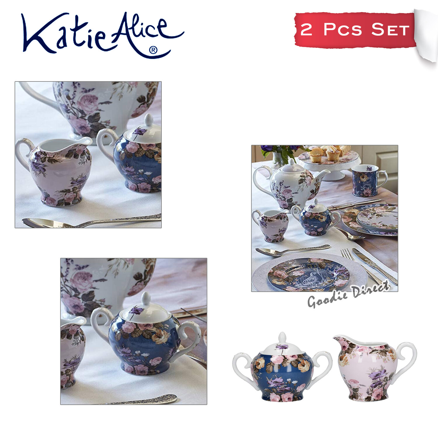 Katie Alice Wild Apricity Sugar Bowl and Creamer Jug Porcelain Blue Pink Floral