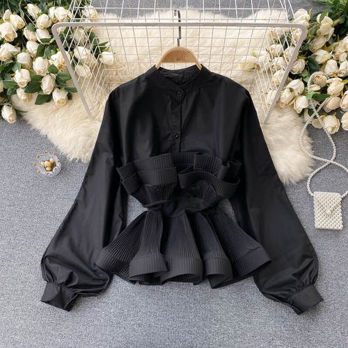 Women Long Sleeve Shirt Chic Pleated Ruffled Spring Casual Button Blouse Top - Picture 7 of 14