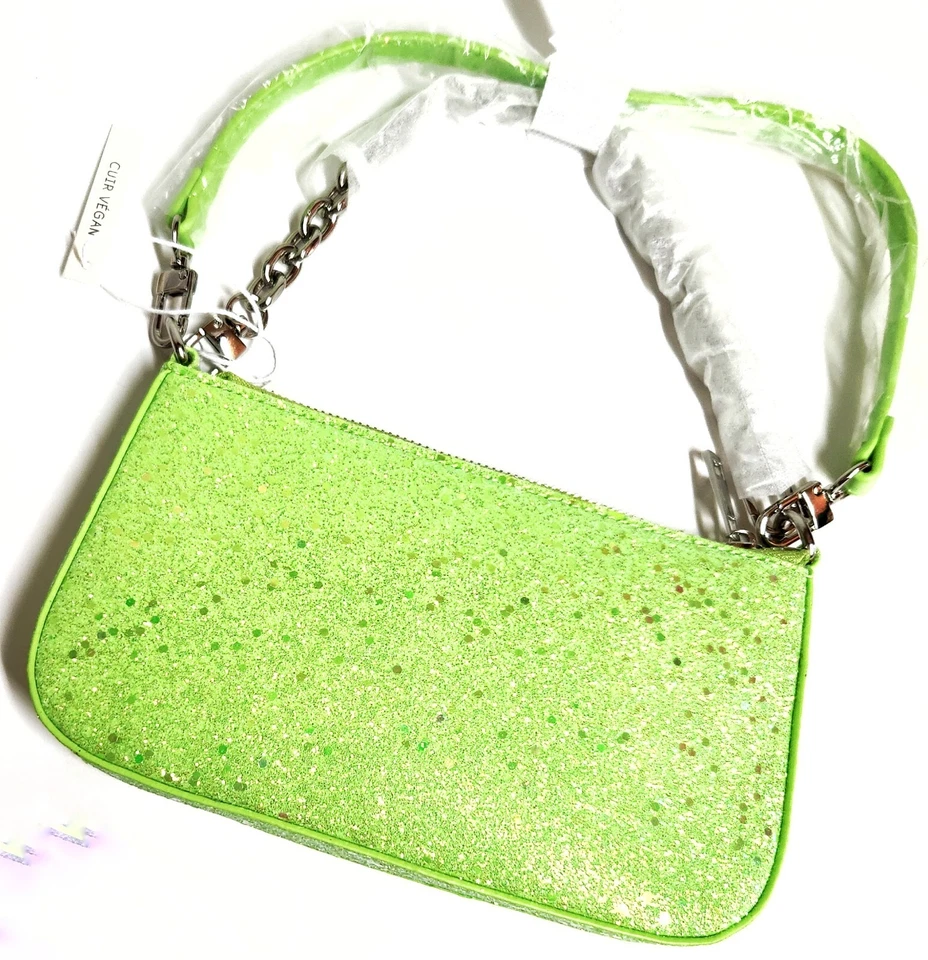 Кимчи синий блестящий наплечная сумка с короткими ручками лайм зеленый голографический веганской кожи новый с Ярлыками - Изображение 2 из 4