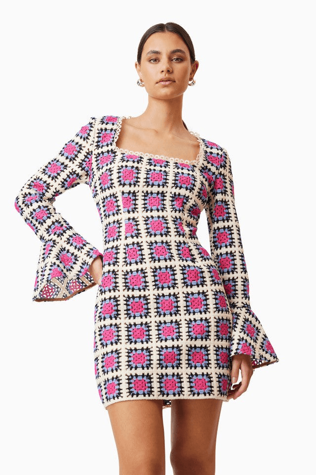 ELLIATT Luna Long Sleeve Crochet Minidress Pink Multi- Birthday size S NWT$345