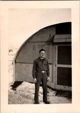 Vtg Found B W Photo WW2 US Army Soldier 1944 Military Outdoors Camp Snow