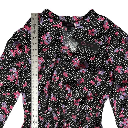 C WONDER Women’s Dress sz L Black w/Hearts Flowers Satin Tiered Puff Sleeve - Picture 6 of 11