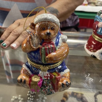 Mr. Christmas TEDDY BEAR musical Trinket box Ornament 4.5''H God Rest Ye Merry...
