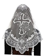 Catholic Mantilla Mass Veil - Triangle Cross Embroidery Church Lace White-1