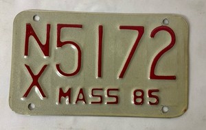 Massachusetts Motorcycle License Plate - 1985, MASS ‘85, #NX5172 - Good Cond.