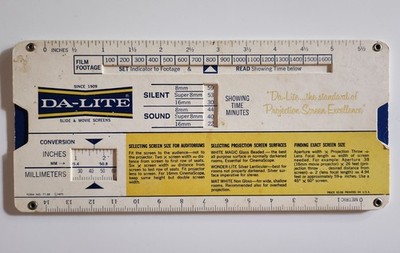 Vintage DA-LITE Lens Projection Screen Calculator - 8mm, 16mm, Super 8