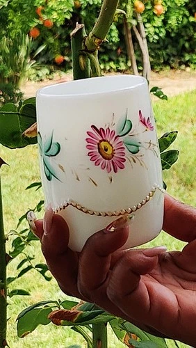 Vintage Hand-Painted & Embossed Milk Glass cup with Weighted Bottom. Beautiful