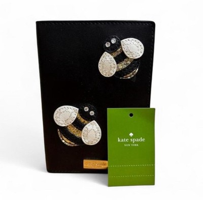 New Kate Spade Down the Rabbit Hole Bee Passport Holder Wallet Black Leather