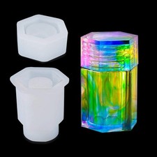 Resin Jar Mold Hexagon Bottle Silicone Mold with Lid Storage Box Mold Epoxy R...