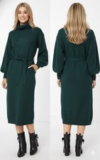 ASOS DESIGN knit roll neck midi dress with tie waist in dark green  Size 8 NWT