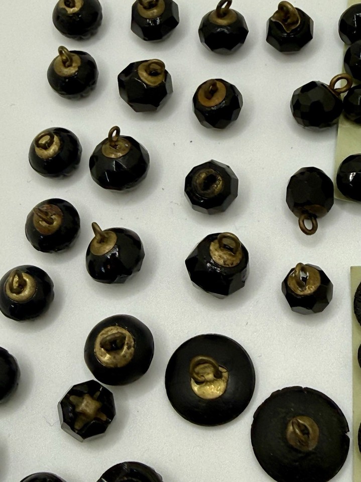 Button Selection Box Lot 45 Antique Victorian Black Glass Buttons Faceted Picture 2 Box ...