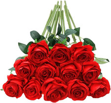 12 Pcs Red Roses Artificial Flowers,Realistic Long Stem Fake Silk Roses