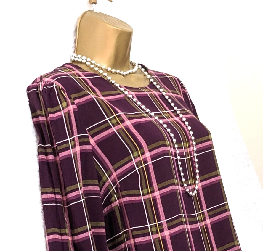 NEXT Burgundy Check Tunic Top Sz 12 Long Sleeve Smart Office Workwear Blouse - Image 3 of 4