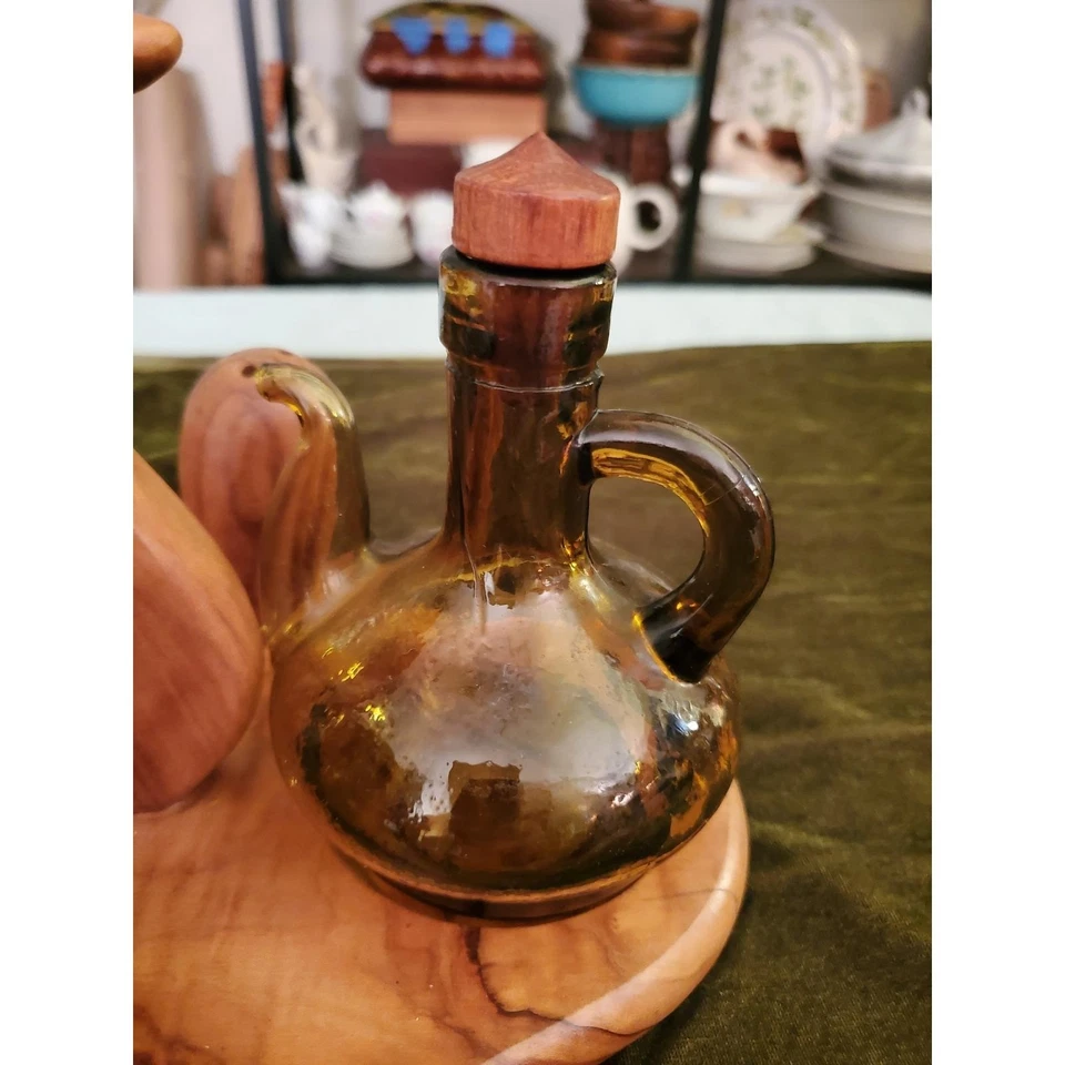 Juego de condimentos de pato de madera MCM vintage años 60 vidrio ámbar aceite vinagre sal pimienta Foto 3 de 4